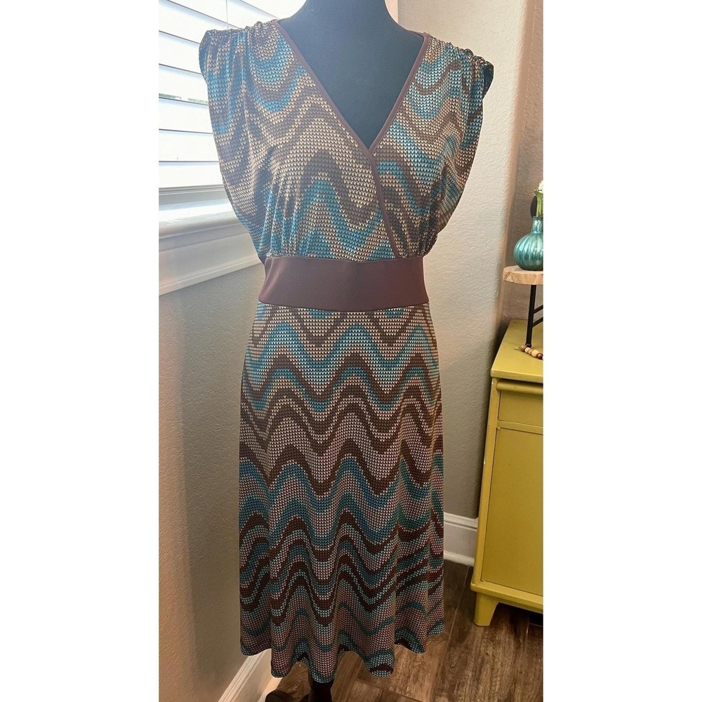 Hypnotik 70s vtg brown turquoise zig zag midi boho hippie disco dress XL retro